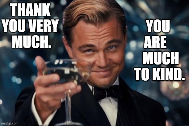 Leonardo Dicaprio Cheers Meme | THANK YOU VERY  MUCH. YOU  ARE     MUCH TO KIND. | image tagged in memes,leonardo dicaprio cheers | made w/ Imgflip meme maker