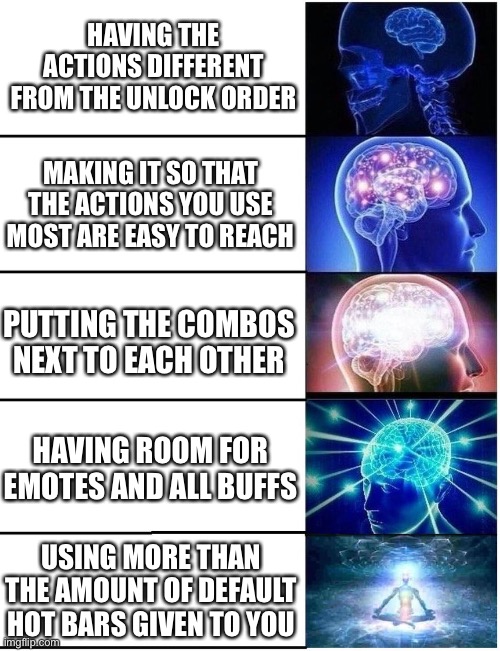 Expanding Brain 5 Panel | HAVING THE ACTIONS DIFFERENT FROM THE UNLOCK ORDER; MAKING IT SO THAT THE ACTIONS YOU USE MOST ARE EASY TO REACH; PUTTING THE COMBOS NEXT TO EACH OTHER; HAVING ROOM FOR EMOTES AND ALL BUFFS; USING MORE THAN THE AMOUNT OF DEFAULT HOT BARS GIVEN TO YOU | image tagged in expanding brain 5 panel | made w/ Imgflip meme maker