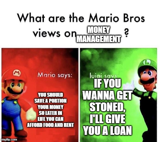 200% a month interest | MONEY MANAGEMENT; IF YOU WANNA GET STONED, I'LL GIVE YOU A LOAN; YOU SHOULD SAVE A PORTION YOUR MONEY SO LATER IN LIFE YOU CAN AFFORD FOOD AND RENT | image tagged in mario bros views | made w/ Imgflip meme maker