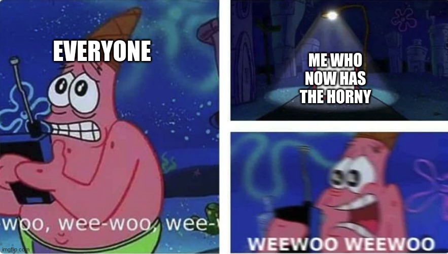 hehe~ | EVERYONE; ME WHO NOW HAS THE HORNY | image tagged in wee woo patrick | made w/ Imgflip meme maker