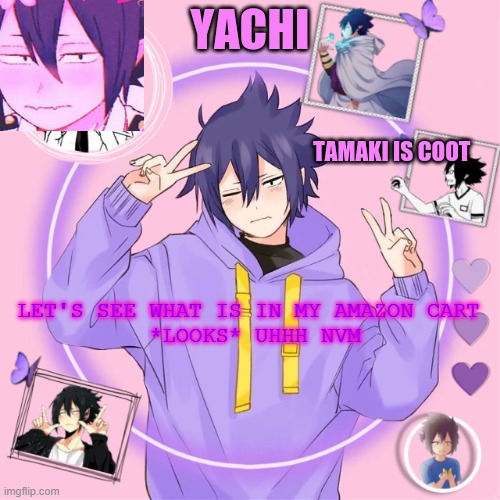 Yachi's Tamaki temp | LET'S SEE WHAT IS IN MY AMAZON CART 
*LOOKS* UHHH NVM | image tagged in yachi's tamaki temp | made w/ Imgflip meme maker