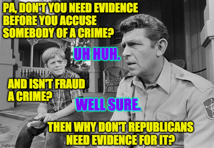 Your thoughts? | PA, DON'T YOU NEED EVIDENCE
BEFORE YOU ACCUSE
SOMEBODY OF A CRIME? UH HUH. AND ISN'T FRAUD
A CRIME? WELL SURE. THEN WHY DON'T REPUBLICANS
NEED EVIDENCE FOR IT? | image tagged in memes,voter fraud,evidence,republicans | made w/ Imgflip meme maker