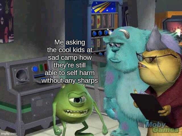 Sad camp | Me asking the cool kids at sad camp how they're still able to self harm without any sharps | image tagged in mike wazowski trying to explain,depression,suicide,self harm,anxiety,depression sadness hurt pain anxiety | made w/ Imgflip meme maker