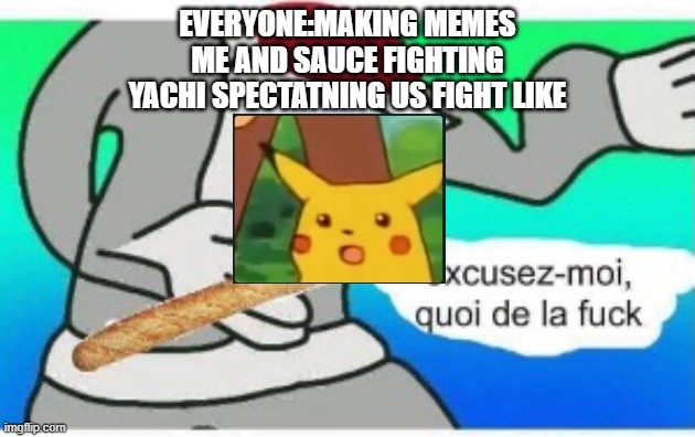 french wtf | EVERYONE:MAKING MEMES
ME AND SAUCE FIGHTING
YACHI SPECTATNING US FIGHT LIKE | image tagged in french wtf | made w/ Imgflip meme maker