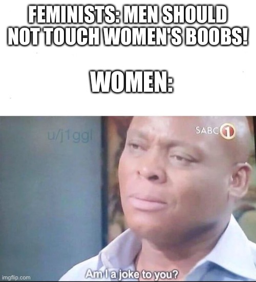 Srsly those feminists are so homophobic | FEMINISTS: MEN SHOULD NOT TOUCH WOMEN'S BOOBS! WOMEN: | image tagged in am i a joke to you,lesbian,lesbians,lesbian problems,homophobic,feminist | made w/ Imgflip meme maker