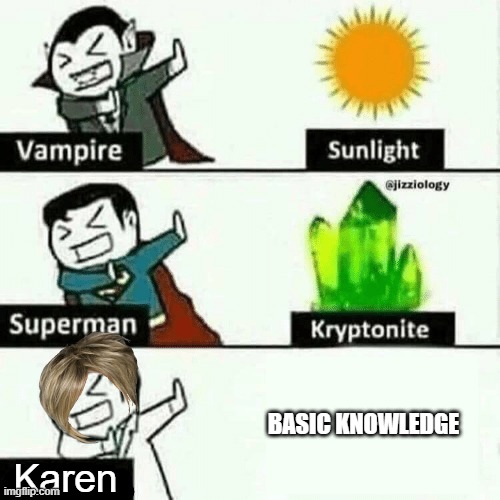 weakness | BASIC KNOWLEDGE; Karen | image tagged in weakness,karen,memes,knowledge | made w/ Imgflip meme maker