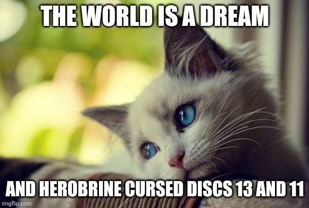Theories: 1st from matpat 2nd from me | THE WORLD IS A DREAM; AND HEROBRINE CURSED DISCS 13 AND 11 | image tagged in memes,first world problems cat | made w/ Imgflip meme maker