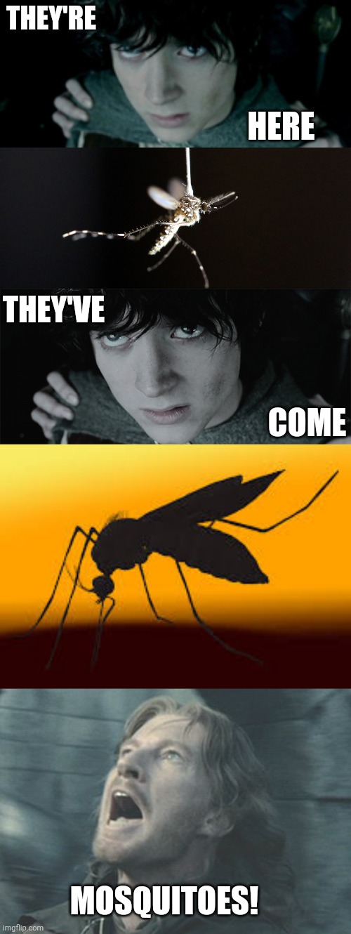THE BLOOD SUCKERS HAVE RETURNED |  THEY'RE; HERE; THEY'VE; COME; MOSQUITOES! | image tagged in mosquitoes,lotr,lord of the rings,frodo,faramir nazgul | made w/ Imgflip meme maker
