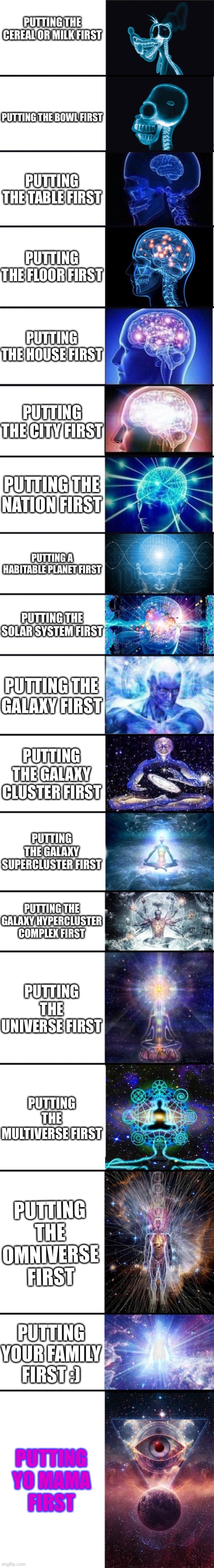 Oh boy the argument | PUTTING THE CEREAL OR MILK FIRST; PUTTING THE BOWL FIRST; PUTTING THE TABLE FIRST; PUTTING THE FLOOR FIRST; PUTTING THE HOUSE FIRST; PUTTING THE CITY FIRST; PUTTING THE NATION FIRST; PUTTING A HABITABLE PLANET FIRST; PUTTING THE SOLAR SYSTEM FIRST; PUTTING THE GALAXY FIRST; PUTTING THE GALAXY CLUSTER FIRST; PUTTING THE GALAXY SUPERCLUSTER FIRST; PUTTING THE GALAXY HYPERCLUSTER COMPLEX FIRST; PUTTING THE UNIVERSE FIRST; PUTTING THE MULTIVERSE FIRST; PUTTING THE OMNIVERSE FIRST; PUTTING YOUR FAMILY FIRST :); PUTTING YO MAMA FIRST | image tagged in expanding brain 9001 | made w/ Imgflip meme maker