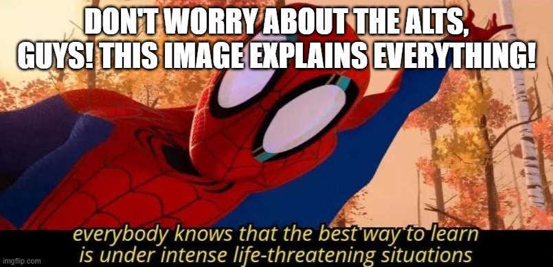 so yeah | DON'T WORRY ABOUT THE ALTS, GUYS! THIS IMAGE EXPLAINS EVERYTHING! | image tagged in intense life threatening situations | made w/ Imgflip meme maker
