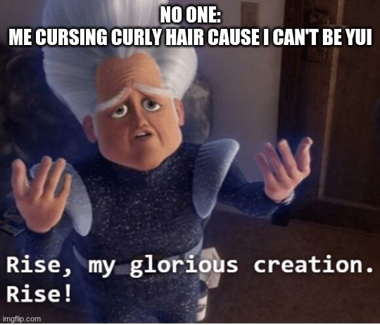 Rise my glorious creation | NO ONE:
ME CURSING CURLY HAIR CAUSE I CAN'T BE YUI | image tagged in rise my glorious creation | made w/ Imgflip meme maker
