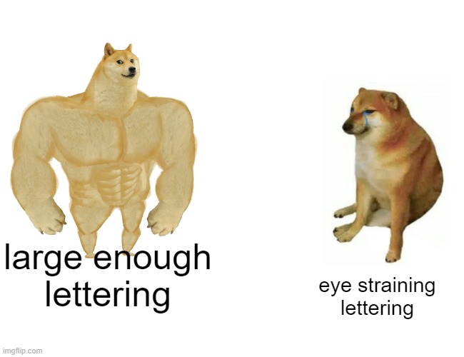 Buff Doge vs. Cheems Meme | large enough lettering eye straining lettering | image tagged in memes,buff doge vs cheems | made w/ Imgflip meme maker