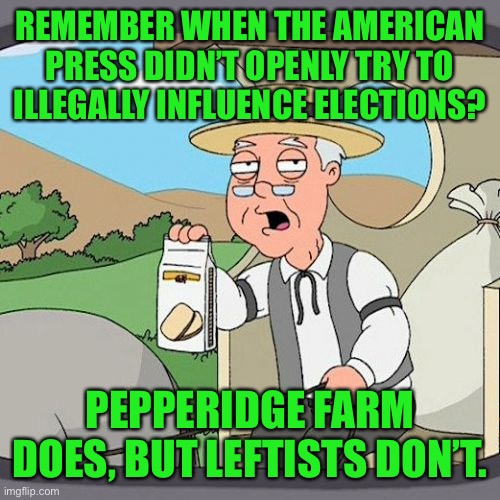 A free press is essential to democracy | REMEMBER WHEN THE AMERICAN PRESS DIDN’T OPENLY TRY TO ILLEGALLY INFLUENCE ELECTIONS? PEPPERIDGE FARM DOES, BUT LEFTISTS DON’T. | image tagged in pepperidge farm remembers,leftists,biased media,mainstream media,illegal influence | made w/ Imgflip meme maker