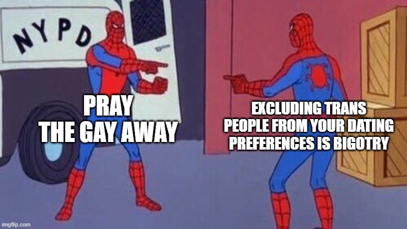 spiderman pointing at spiderman | PRAY THE GAY AWAY; EXCLUDING TRANS PEOPLE FROM YOUR DATING PREFERENCES IS BIGOTRY | image tagged in spiderman pointing at spiderman,gay,pray,transgender,dating,memes | made w/ Imgflip meme maker