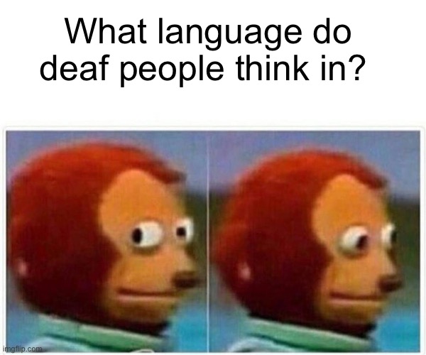 Monkey Puppet Meme | What language do deaf people think in? | image tagged in memes,monkey puppet | made w/ Imgflip meme maker