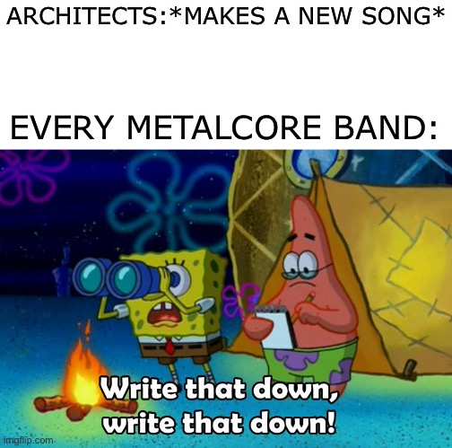 write that down | ARCHITECTS:*MAKES A NEW SONG*; EVERY METALCORE BAND: | image tagged in write that down | made w/ Imgflip meme maker