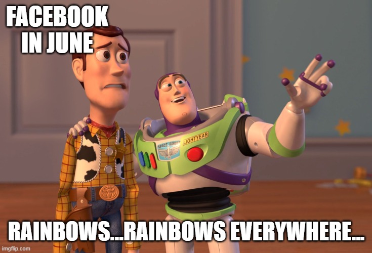 X, X Everywhere | FACEBOOK IN JUNE; RAINBOWS...RAINBOWS EVERYWHERE... | image tagged in memes,x x everywhere | made w/ Imgflip meme maker