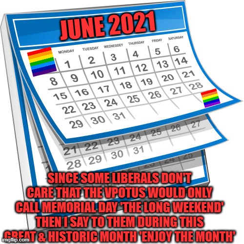 If what you do with your genitals gives you pride then go for it. | JUNE 2021; SINCE SOME LIBERALS DON'T CARE THAT THE VPOTUS WOULD ONLY CALL MEMORIAL DAY 'THE LONG WEEKEND' THEN I SAY TO THEM DURING THIS GREAT & HISTORIC MONTH 'ENJOY THE MONTH' | image tagged in calendar,pride month,gaylord | made w/ Imgflip meme maker