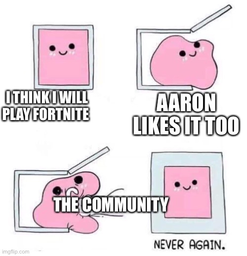 Never again | I THINK I WILL PLAY FORTNITE; AARON LIKES IT TOO; THE COMMUNITY | image tagged in never again | made w/ Imgflip meme maker