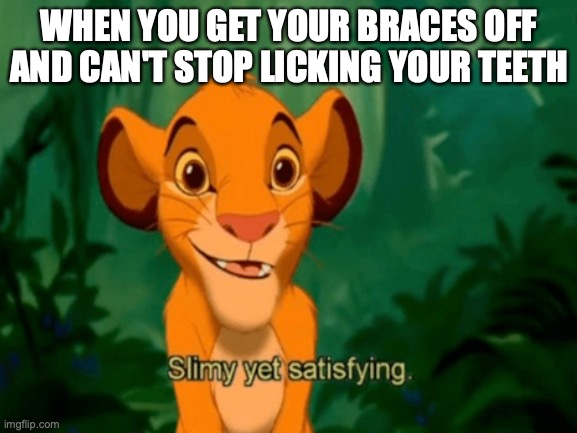slimy and satisfying | WHEN YOU GET YOUR BRACES OFF AND CAN'T STOP LICKING YOUR TEETH | image tagged in simba | made w/ Imgflip meme maker