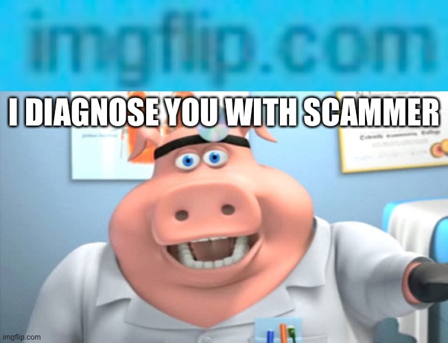 I DIAGNOSE YOU WITH SCAMMER | image tagged in i diagnose you with dead | made w/ Imgflip meme maker