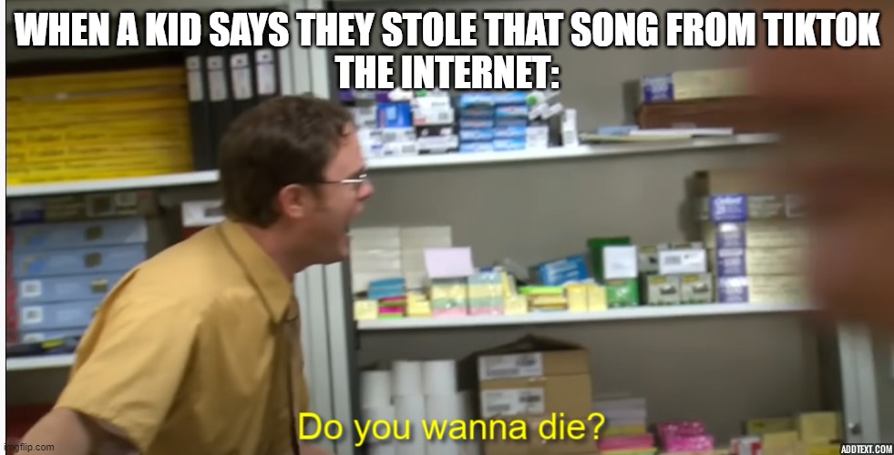 Do you wanna die? | WHEN A KID SAYS THEY STOLE THAT SONG FROM TIKTOK
THE INTERNET: | image tagged in do you wanna die | made w/ Imgflip meme maker