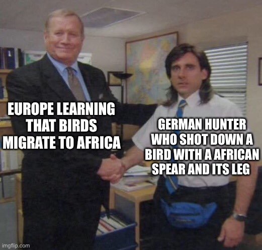 Migration | EUROPE LEARNING THAT BIRDS MIGRATE TO AFRICA; GERMAN HUNTER WHO SHOT DOWN A BIRD WITH A AFRICAN SPEAR AND ITS LEG | image tagged in the office congratulations,HistoryMemes | made w/ Imgflip meme maker