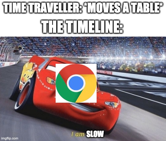 timeline. | TIME TRAVELLER: *MOVES A TABLE*; THE TIMELINE:; SLOW | image tagged in i am speed | made w/ Imgflip meme maker