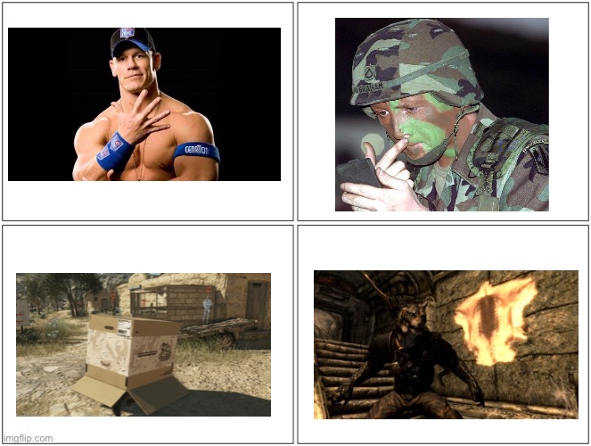 The four horsemen of invisibility | image tagged in memes,blank comic panel 2x2,john cena,camouflage,metal gear solid,skyrim | made w/ Imgflip meme maker