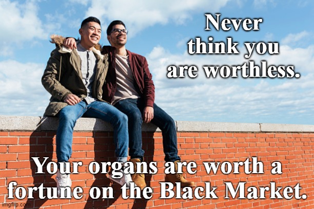 Always look on the Bright side! | Never think you are worthless. Your organs are worth a fortune on the Black Market. | image tagged in funny memes,inspirational memes | made w/ Imgflip meme maker