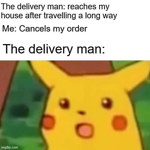 lol. | The delivery man: reaches my house after travelling a long way; Me: Cancels my order; The delivery man: | image tagged in memes,surprised pikachu | made w/ Imgflip meme maker