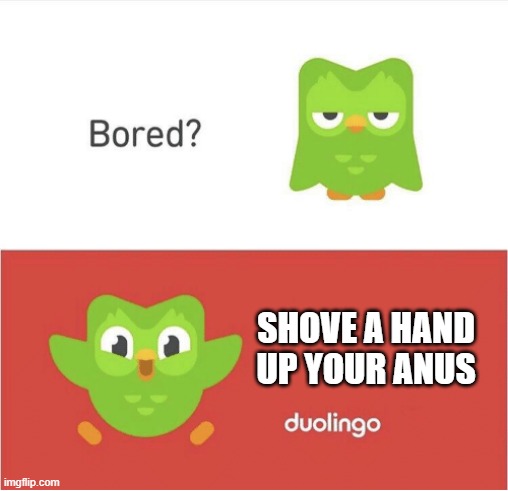 a mock meme | SHOVE A HAND UP YOUR ANUS | image tagged in duolingo bored | made w/ Imgflip meme maker
