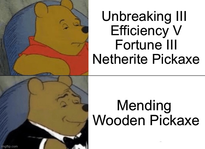 Tuxedo Winnie The Pooh Meme | Unbreaking III 
Efficiency V
Fortune III
Netherite Pickaxe; Mending 
Wooden Pickaxe | image tagged in memes,tuxedo winnie the pooh | made w/ Imgflip meme maker