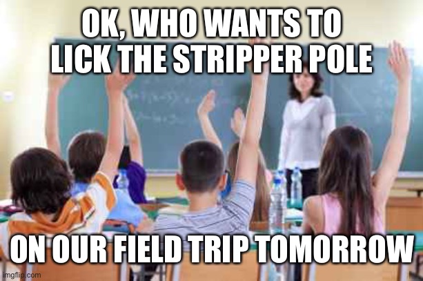 Classroom | OK, WHO WANTS TO LICK THE STRIPPER POLE ON OUR FIELD TRIP TOMORROW | image tagged in classroom | made w/ Imgflip meme maker