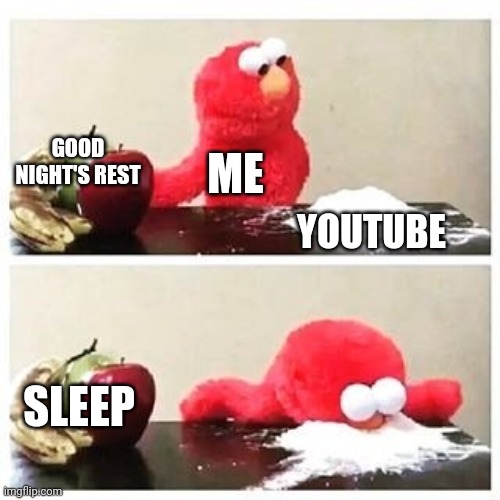 elmo cocaine | GOOD NIGHT'S REST; ME; YOUTUBE; SLEEP | image tagged in elmo cocaine | made w/ Imgflip meme maker