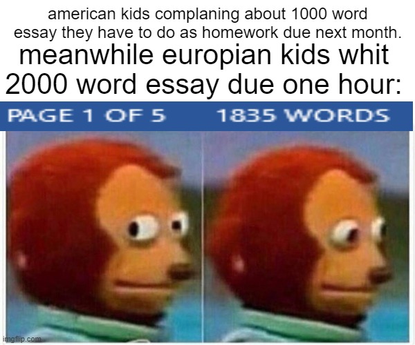 Monkey Puppet Meme | american kids complaning about 1000 word essay they have to do as homework due next month. meanwhile europian kids whit 2000 word essay due one hour: | image tagged in memes | made w/ Imgflip meme maker
