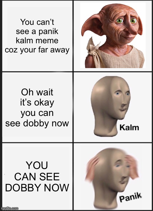 This is what I saw when looking at this meme with no glasses | You can’t see a panik kalm meme coz your far away; Oh wait it’s okay you can see dobby now; YOU CAN SEE DOBBY NOW | image tagged in memes,panik kalm panik | made w/ Imgflip meme maker