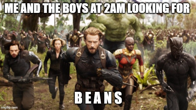 beans, wtf | ME AND THE BOYS AT 2AM LOOKING FOR; B E A N S | image tagged in avengers infinity war running | made w/ Imgflip meme maker