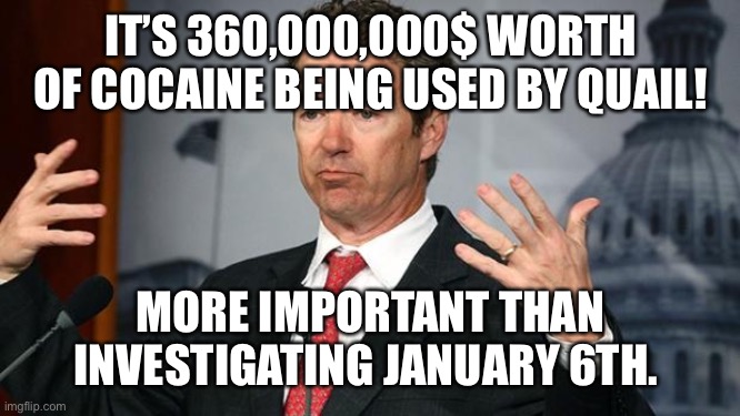 Rand Paul | IT’S 360,000,000$ WORTH OF COCAINE BEING USED BY QUAIL! MORE IMPORTANT THAN INVESTIGATING JANUARY 6TH. | image tagged in rand paul | made w/ Imgflip meme maker