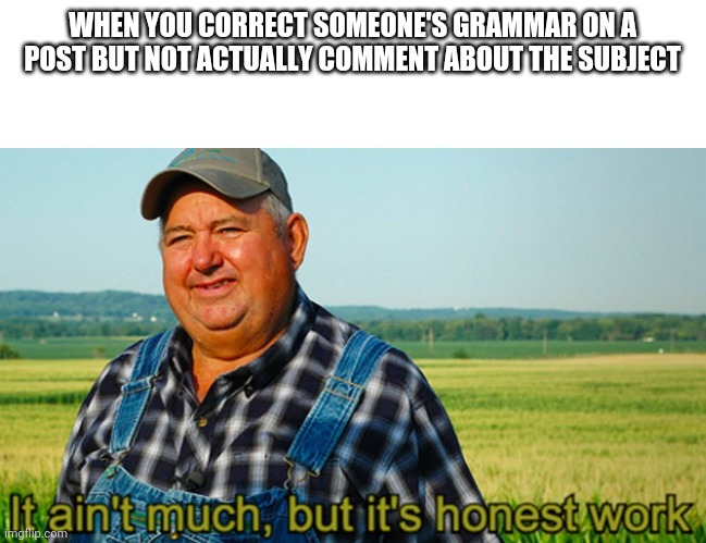 It ain't much, but it's honest work | WHEN YOU CORRECT SOMEONE'S GRAMMAR ON A POST BUT NOT ACTUALLY COMMENT ABOUT THE SUBJECT | image tagged in it ain't much but it's honest work | made w/ Imgflip meme maker