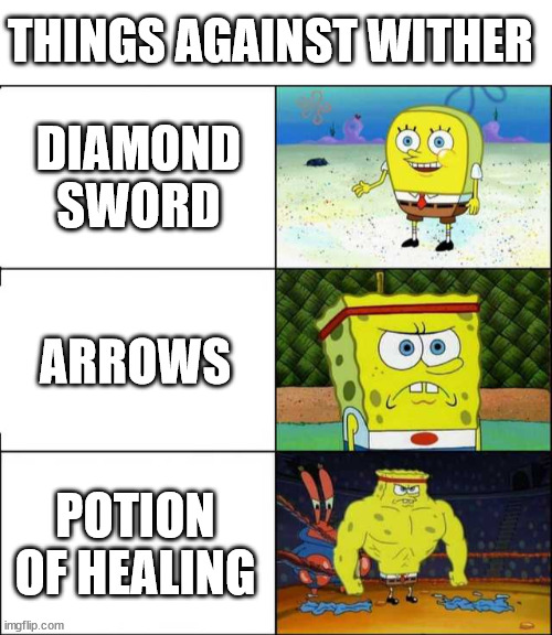  THINGS AGAINST WITHER; DIAMOND SWORD; ARROWS; POTION OF HEALING | image tagged in blank white template,spongebob strong | made w/ Imgflip meme maker