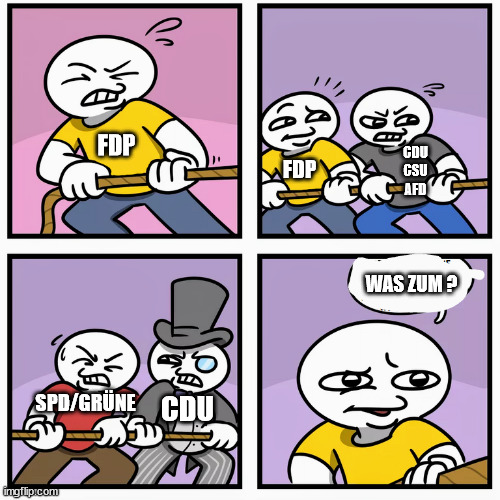 tug of war | FDP; CDU
CSU
AFD; FDP; WAS ZUM ? SPD/GRÜNE; CDU | image tagged in tug of war | made w/ Imgflip meme maker