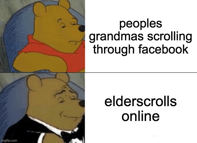 Tuxedo Winnie The Pooh | peoples grandmas scrolling through facebook; elderscrolls online | image tagged in memes,tuxedo winnie the pooh | made w/ Imgflip meme maker