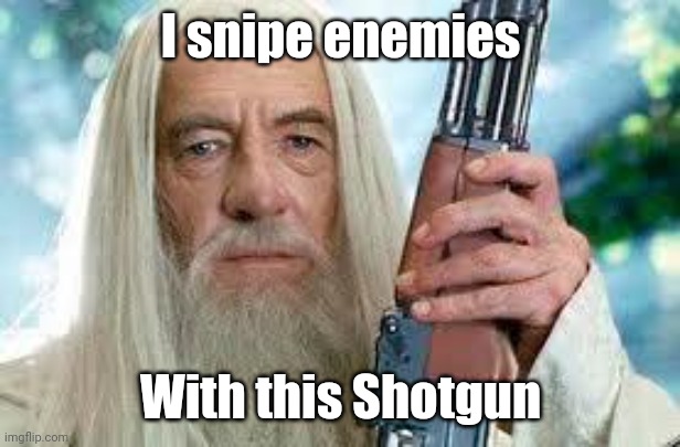 Shotgun Gandalf | I snipe enemies With this Shotgun | image tagged in shotgun gandalf | made w/ Imgflip meme maker