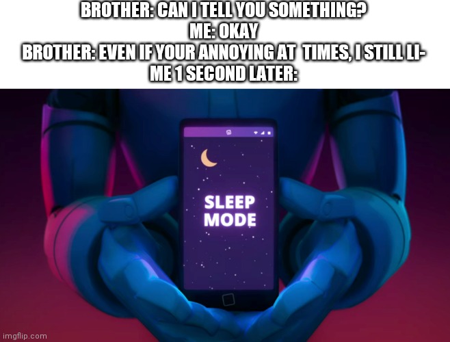 he just got burned | BROTHER: CAN I TELL YOU SOMETHING?
ME: OKAY
BROTHER: EVEN IF YOUR ANNOYING AT  TIMES, I STILL LI-
ME 1 SECOND LATER: | image tagged in pal sleep mode | made w/ Imgflip meme maker