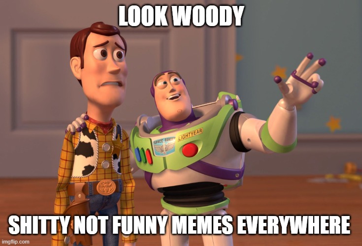 LOOK | LOOK WOODY; SHITTY NOT FUNNY MEMES EVERYWHERE | image tagged in memes,x x everywhere | made w/ Imgflip meme maker