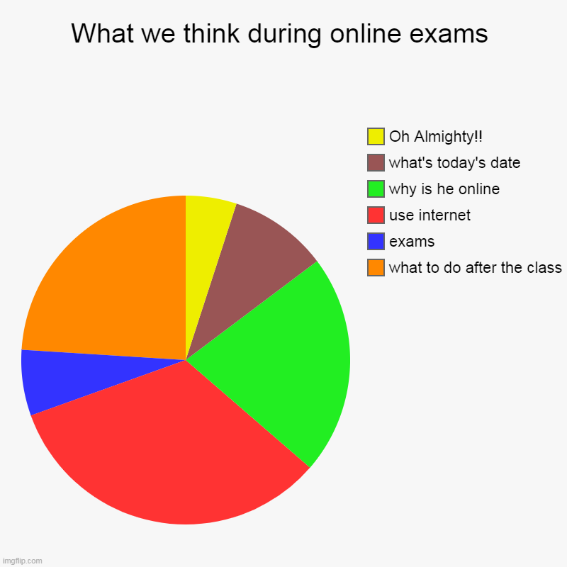Online Exams Life | What we think during online exams | what to do after the class, exams, use internet, why is he online, what's today's date , Oh Almighty!! | image tagged in charts,pie charts | made w/ Imgflip chart maker