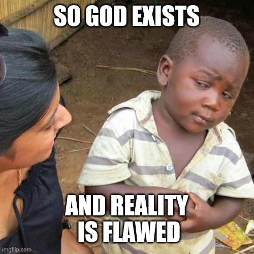 Third World Skeptical Kid Meme | SO GOD EXISTS AND REALITY
 IS FLAWED | image tagged in memes,third world skeptical kid | made w/ Imgflip meme maker