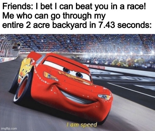 I actually can | Friends: I bet I can beat you in a race!
Me who can go through my entire 2 acre backyard in 7.43 seconds: | image tagged in i am speed | made w/ Imgflip meme maker