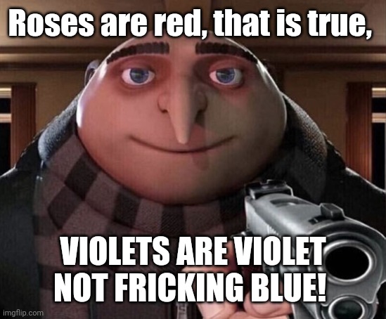 Gru with a gun | Roses are red, that is true, VIOLETS ARE VIOLET NOT FRICKING BLUE! | image tagged in gru with a gun | made w/ Imgflip meme maker